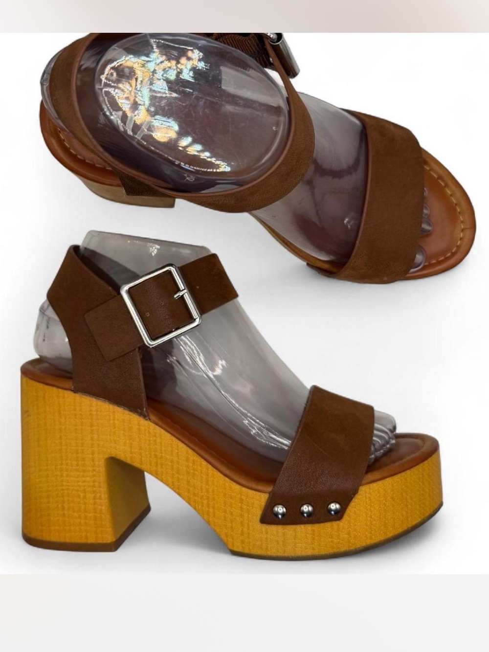 MIA Nira Brown faux Leather Ankle strap block heels